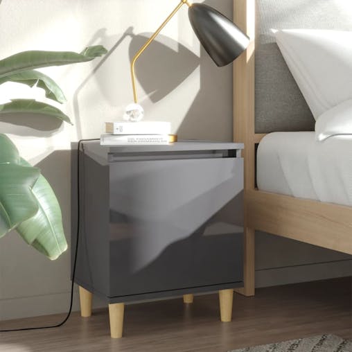 NNEVL Bed Cabinet with Solid Wood Legs High Gloss Grey 40x30x50 cm