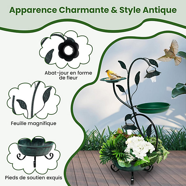 Bain oiseaux Solaire Extérieur de 83cm Mangeoire à Oiseaux Vintage avec Jardinière 2 Lumières LED à Energie Solaire