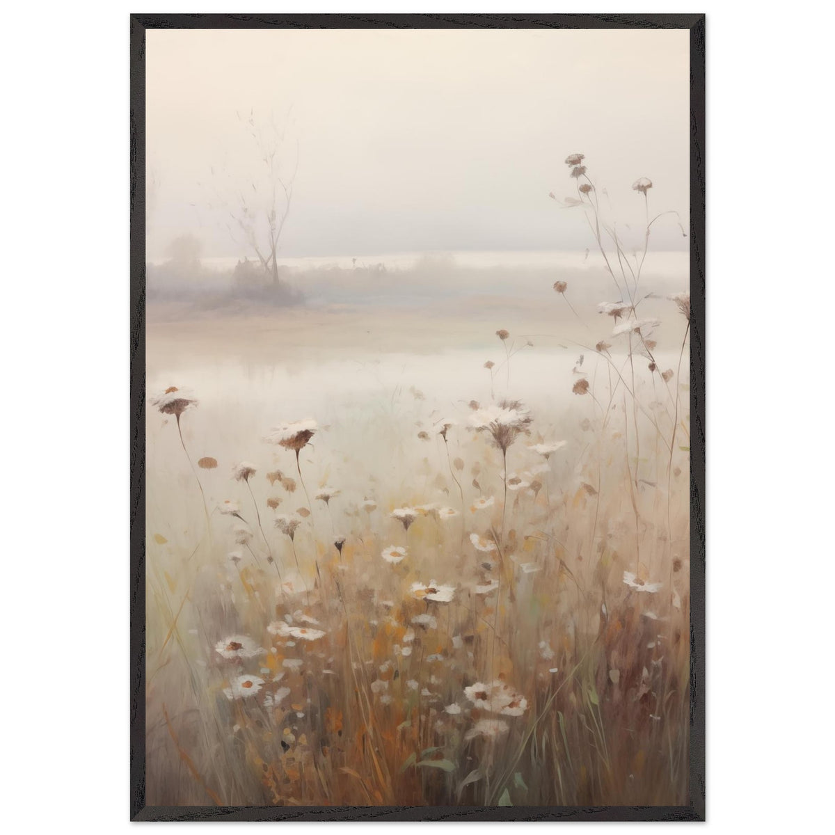 Artfulprints Poster met Lijst Foggy flowerfield 1  - 70x100 cm - Taupe