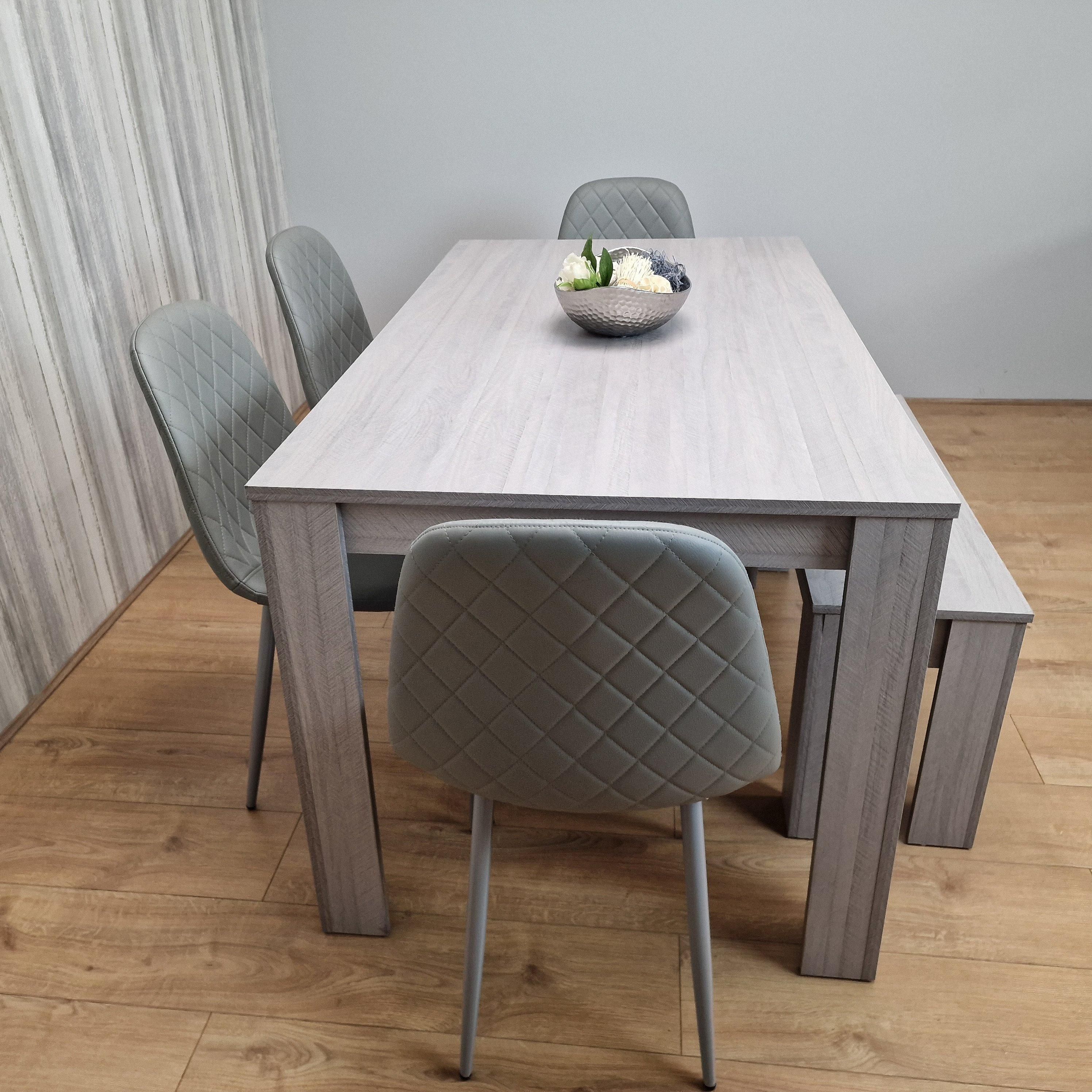 KOSY KOALA Grey Dining Table with 4 Diamond Stitched Grey Chairs and 1 Bench