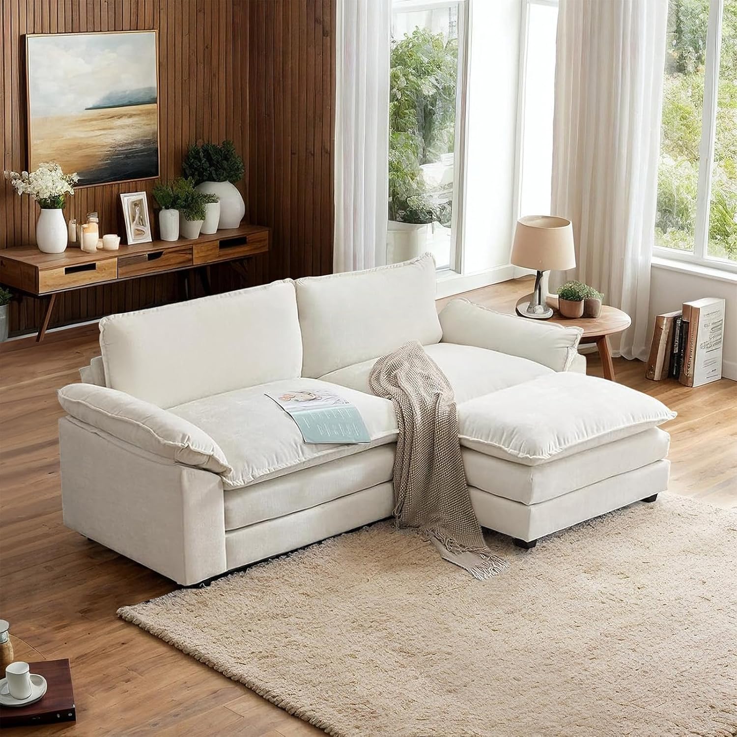 VINGLI 87 Convertible Sectional Sofa,L-Shaped Deep Seat Sofa Couch for Living Room,Modern 2-Seat Loveseat Sofa with Ottoman for Small Space(Creamy White, 87)