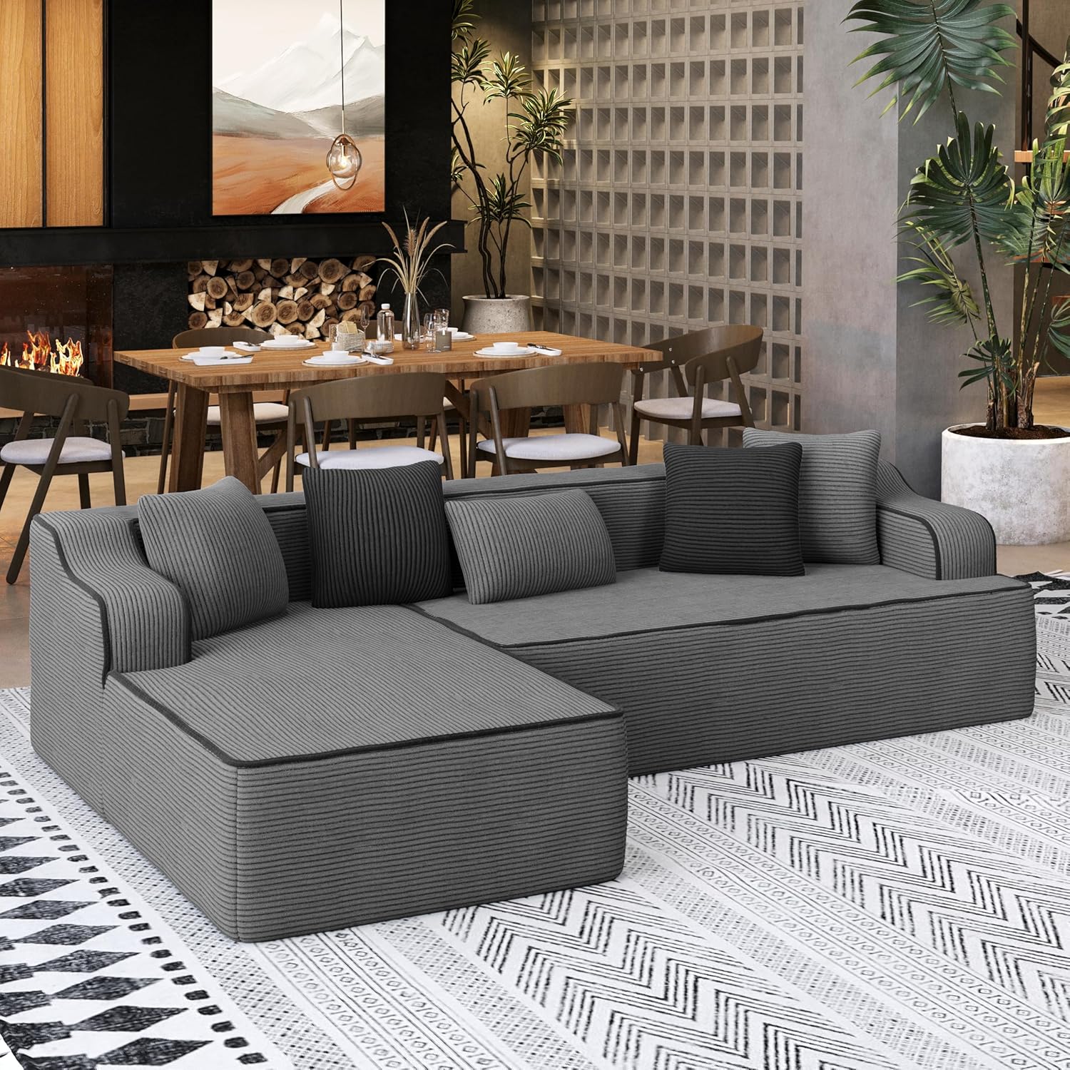 Cloud Sectional Couch for Living Room, 104'' L-Shaped Modular Sofa with Chaise, Modern Corduroy Boneless Couch with Deep Seat, No Assembly Required, Grey