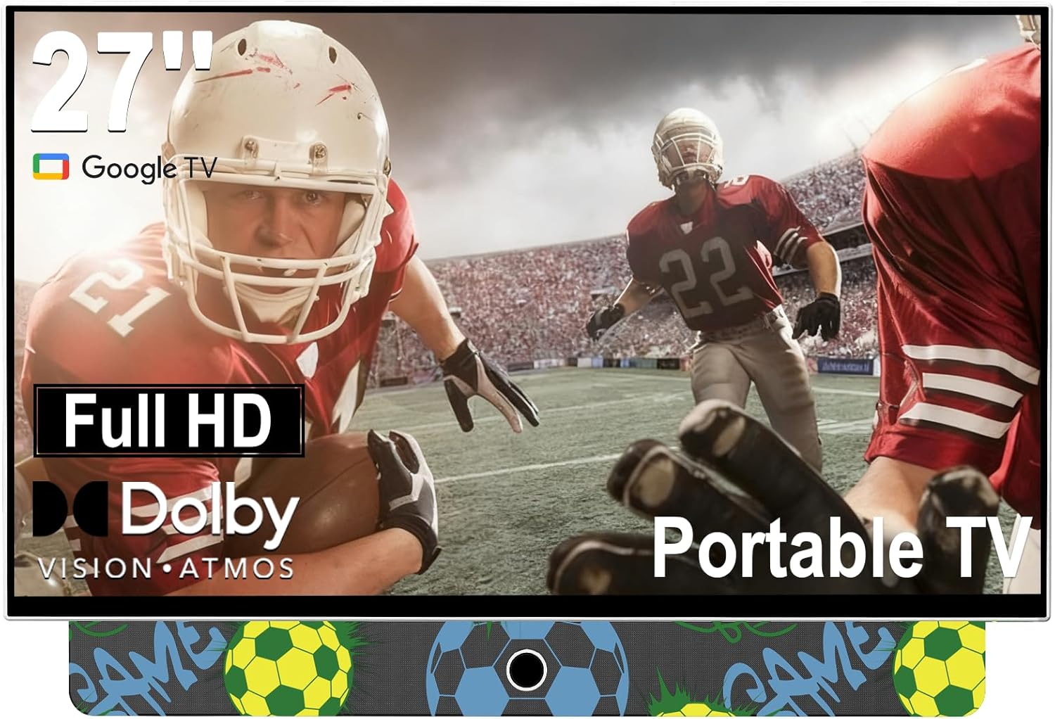 27 Inch Portable Smart TV  Android 14 OS  Built-in Battery Powered  FHD HDR Display  60Hz Refresh Rate  Dolby Audio  WiFi  Chromecast  Voice Remote  for Bedroom  Game Day Parties  Camping & Travel