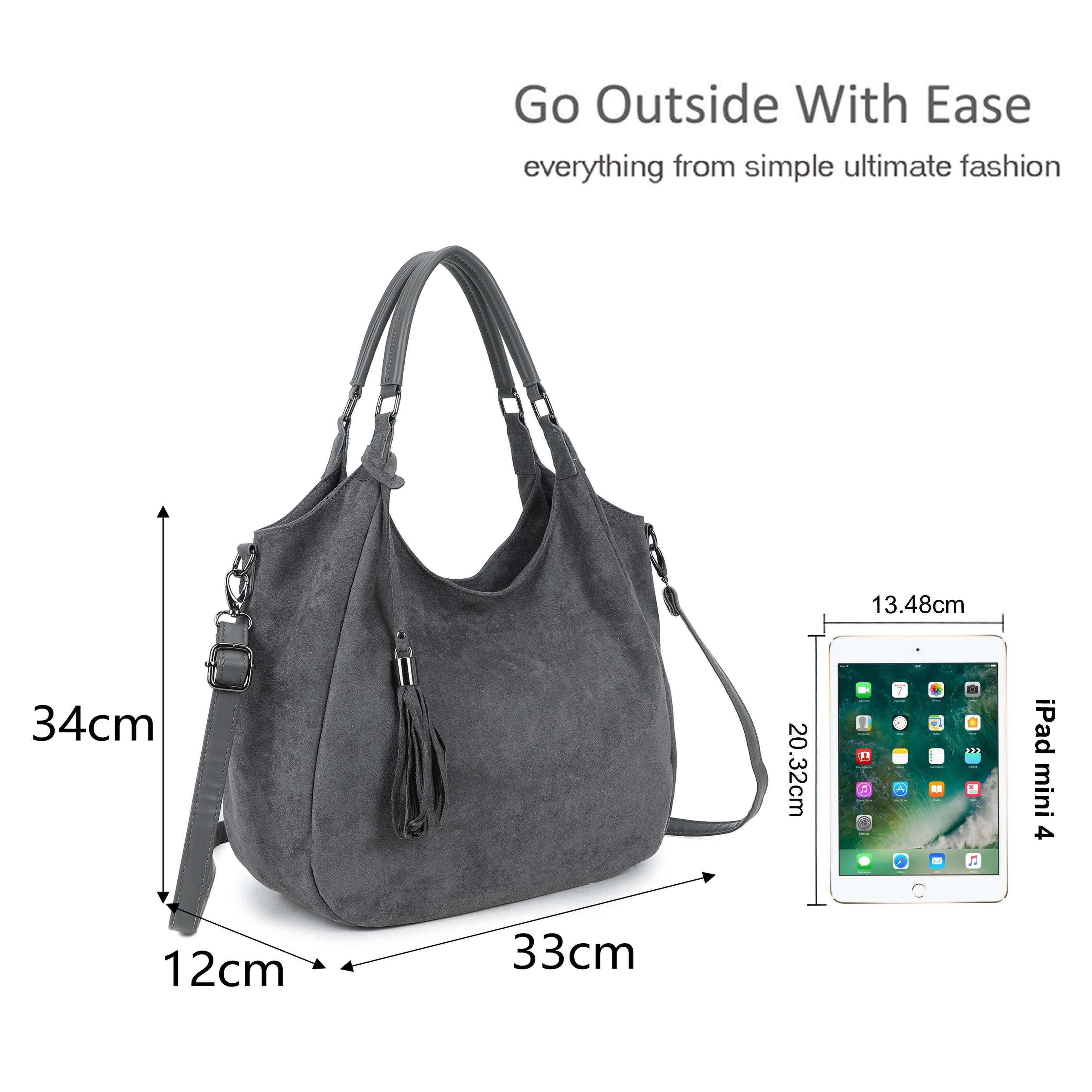 Kitise Roomy Faux Suede Tote Bag with Tassel & Detachable Strap