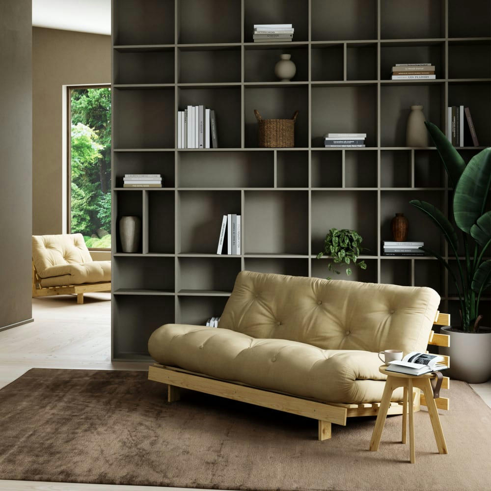 ROOTS - Canapé convertible 160x200cm en bois naturel et tissu blé 2 places