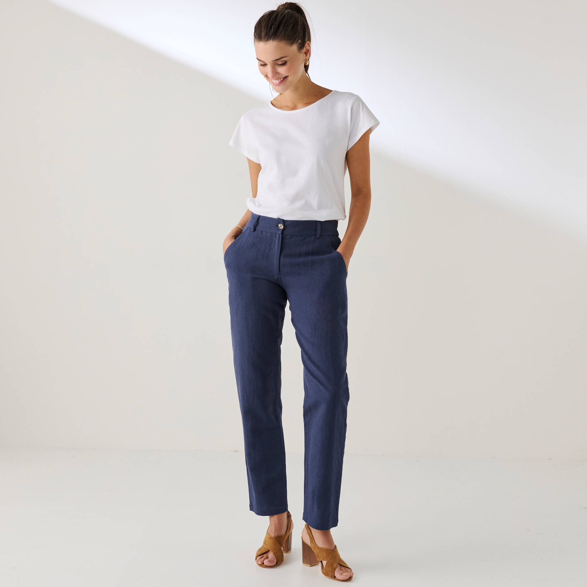 Pantalon coupe mom coton-lin uni