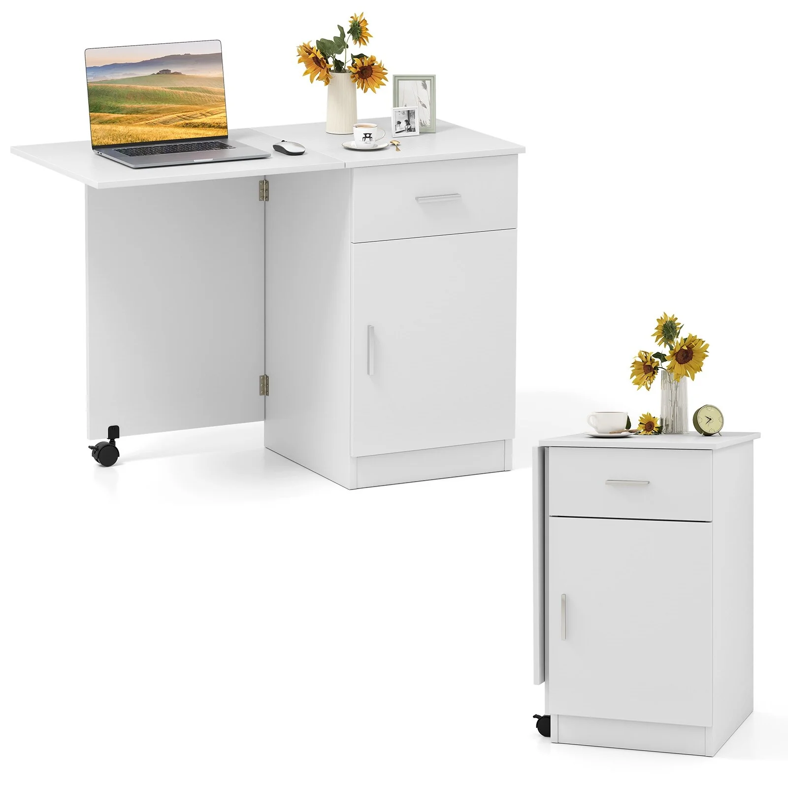 MDF Folding Computer Desk with Storage Cabinet, Drawer and Wheels