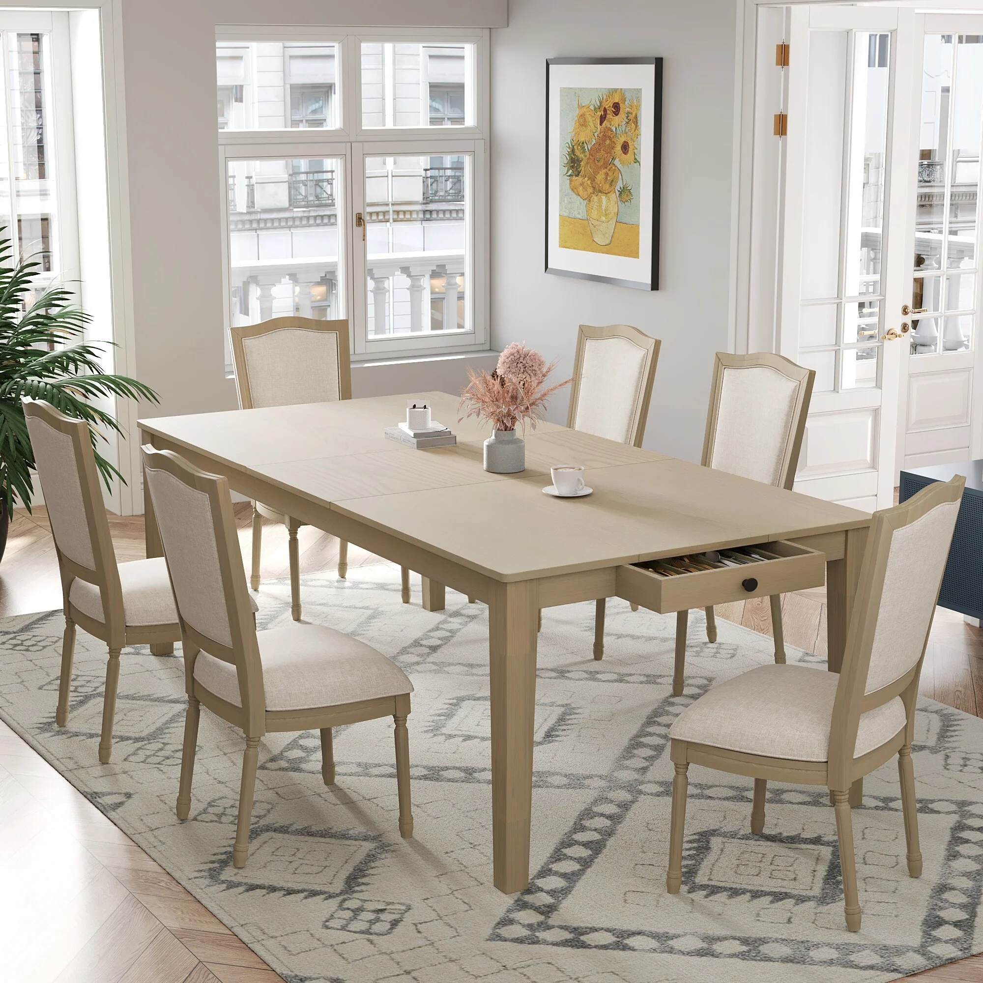Rustic 7-Piece Extendable Dining Table Set with Removable Leaf & 6 Upholstered Dining Chairs, 2 Built-in Drawers