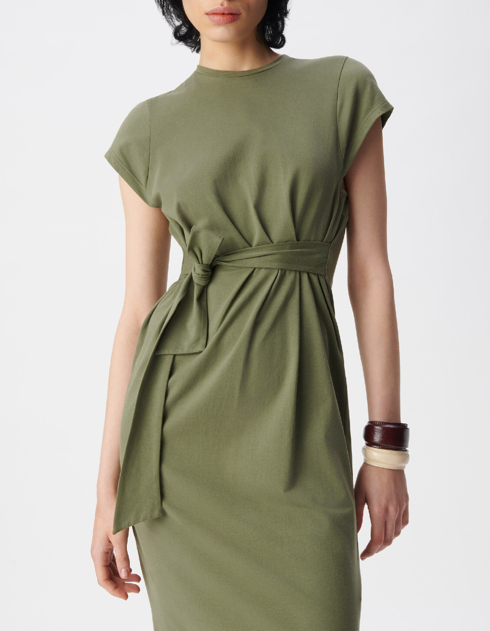 Robe midi kaki ceinture à nouer Femme