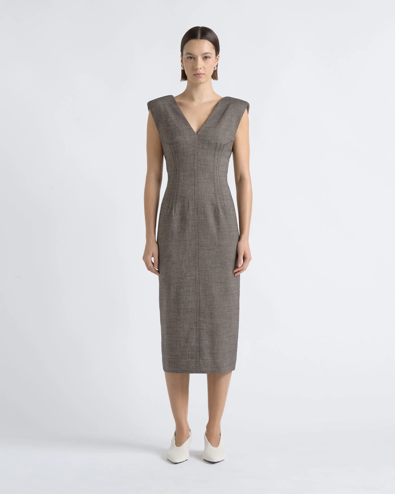 V-Neck Fitted Midi Dress