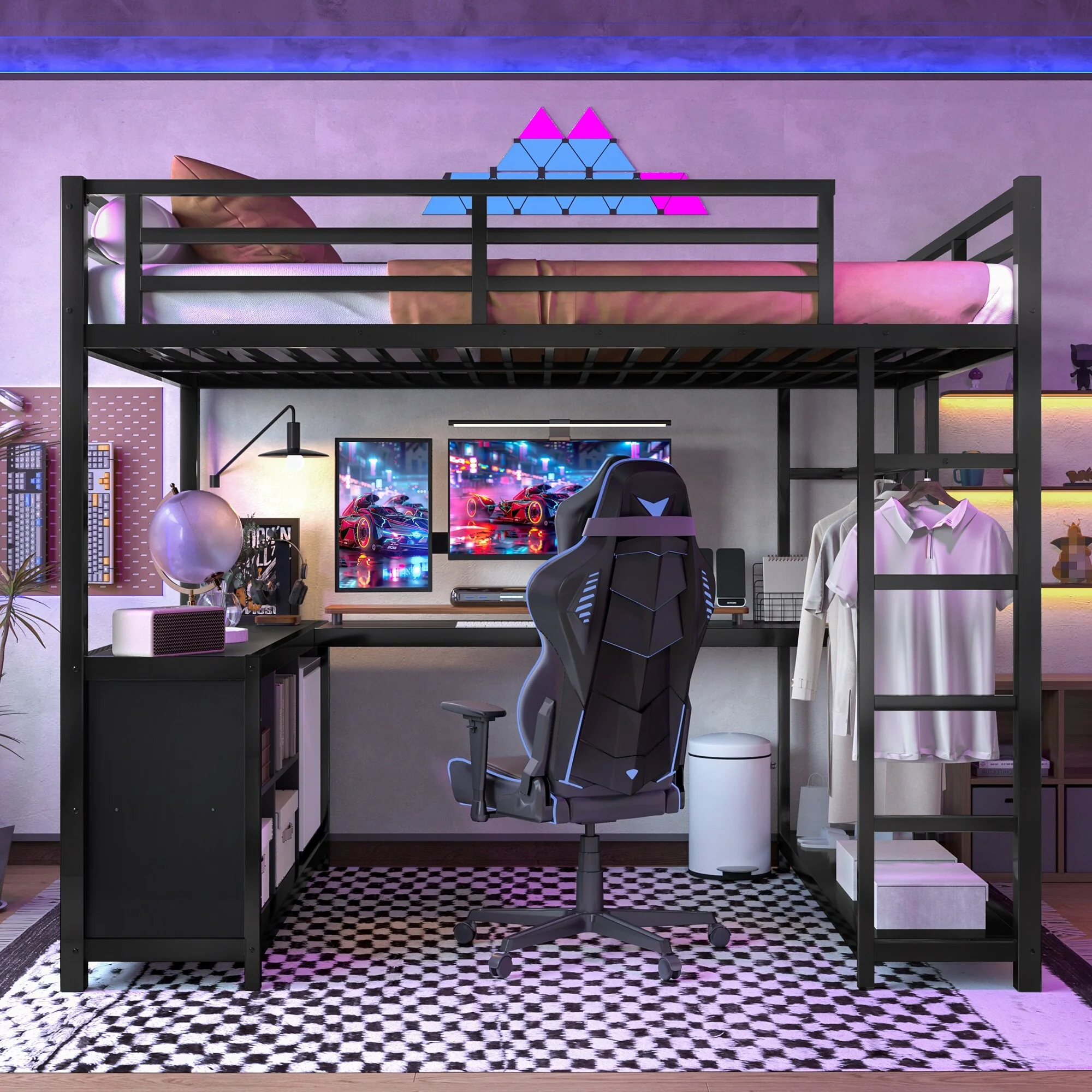 Metal Loft Bed with Wardrobe and L-shaped Desk, Full Size Loft Bed with Storage Cubes and Shelves