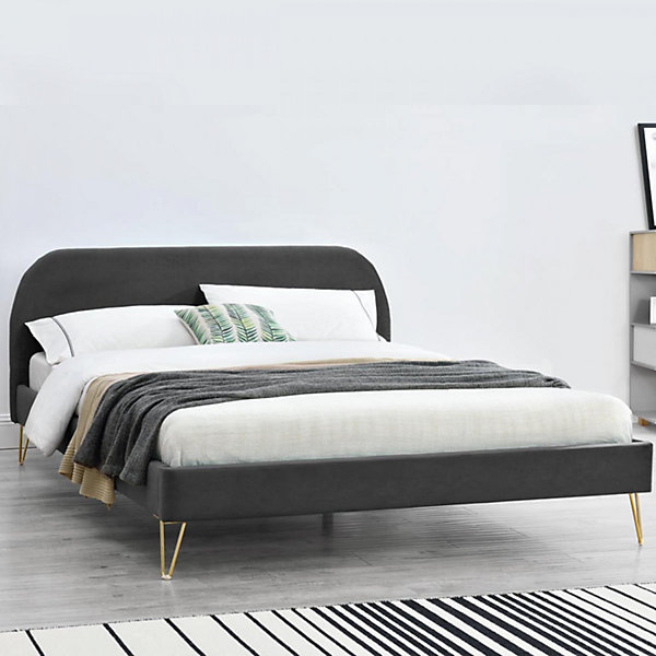 Lit 140 x 190 cm en velours et laiton gris PHOENIX