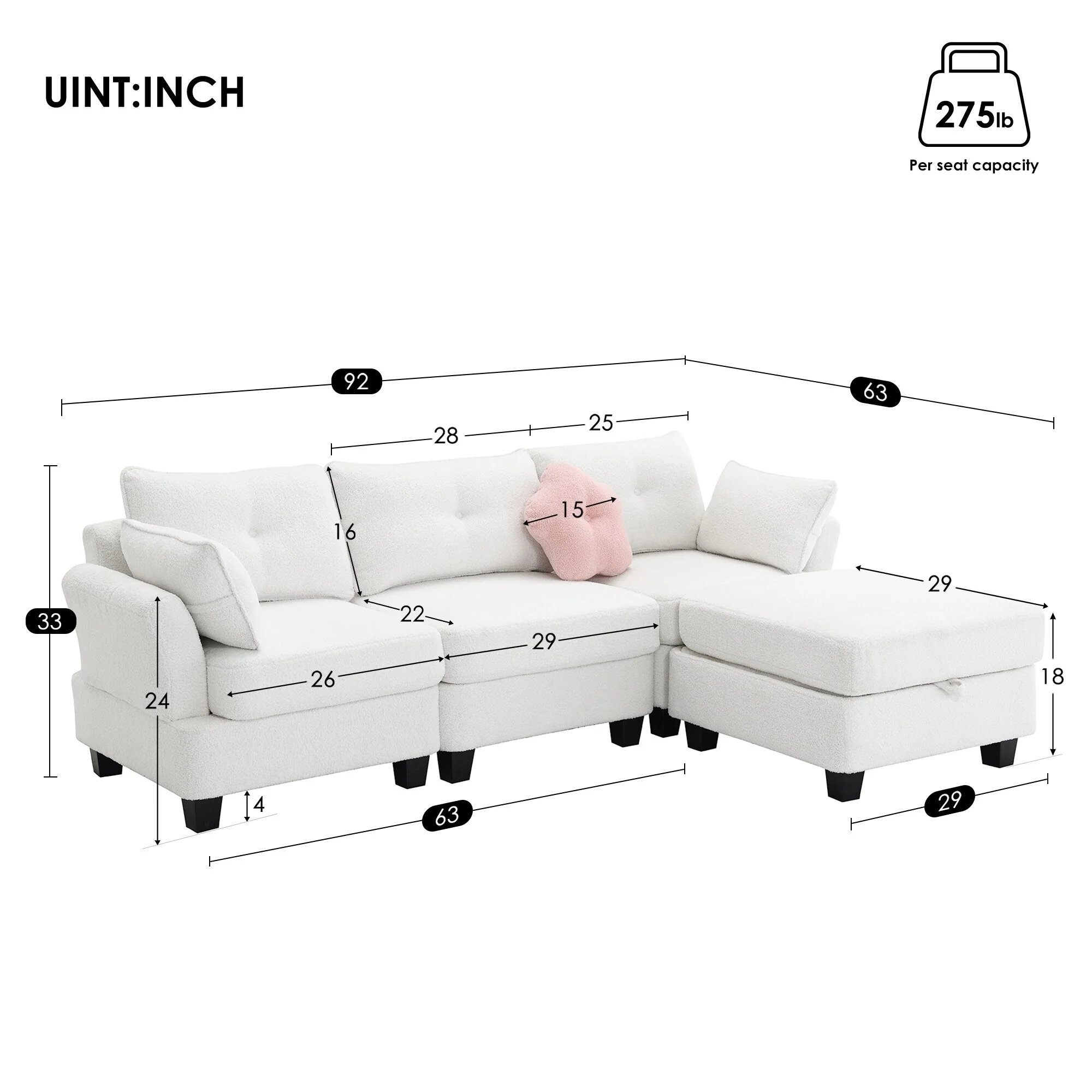 Beige 92'' L-Shaped 4-Seat Sectional Sofa with Storage Ottoman, Dual Charging Ports, and Three Decorative Pillows