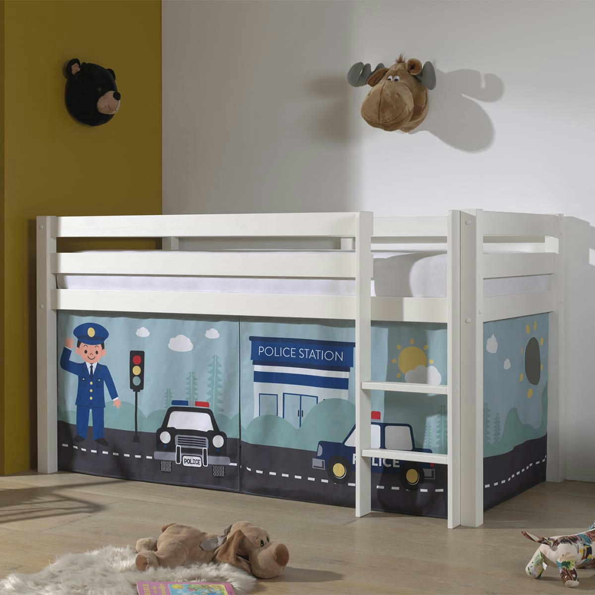 PINO - Lit mi-hauteur 90x200 sommier inclus housse police blanc