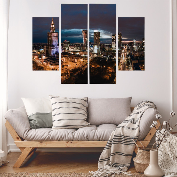 Obraz Tetraptyk Panorama centrum Warszawy nocą 80x60cm