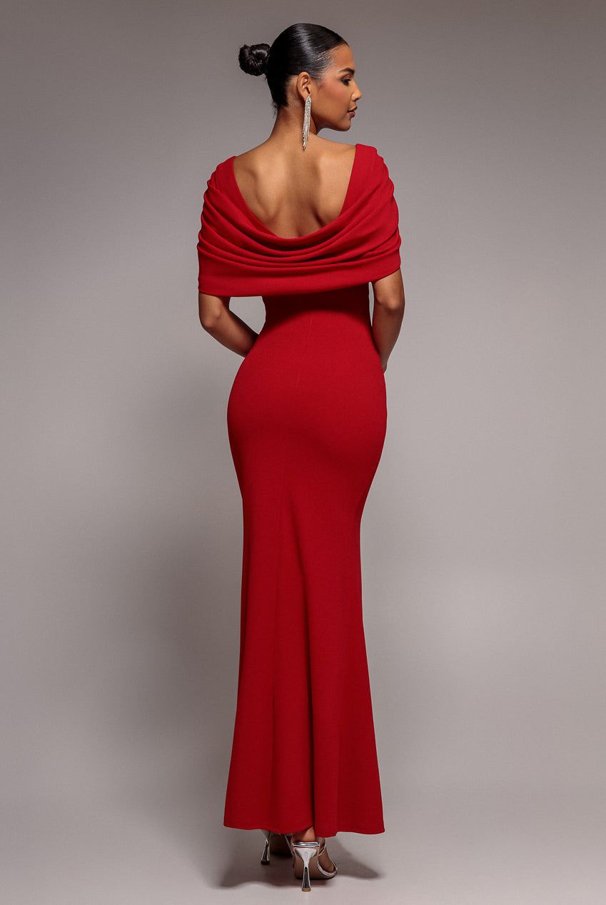 Goddiva V Neck Cowl Back Pleated Sleeve Scuba Maxi Dress