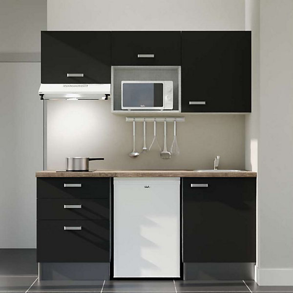 Kitchenette K20 façades Noir - Plan de travail Bois - Crédences : Non - Evier inox - Electroménager Blanc inclus