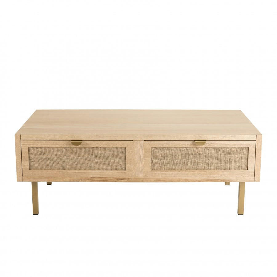 ADELE - Table basse 2 tiroirs toile de jute pieds métal doré L110