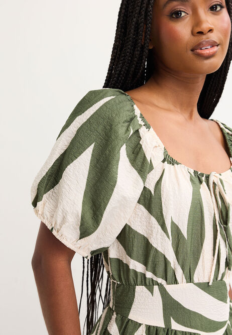 Womens Khaki Leaf Print Milkmaid Dress