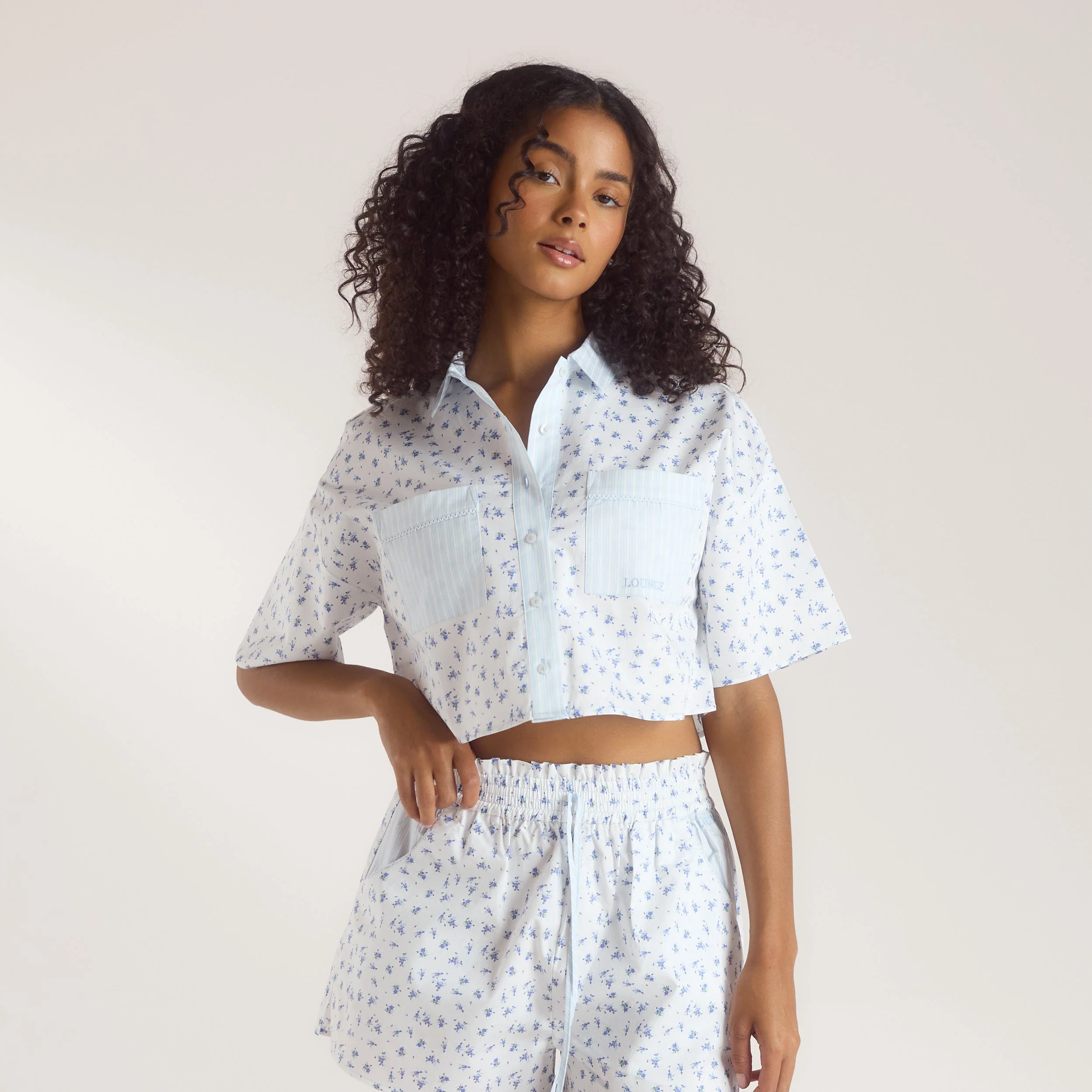 Bloom & Stripe Short-Sleeved Pyjama Shirt - Blue