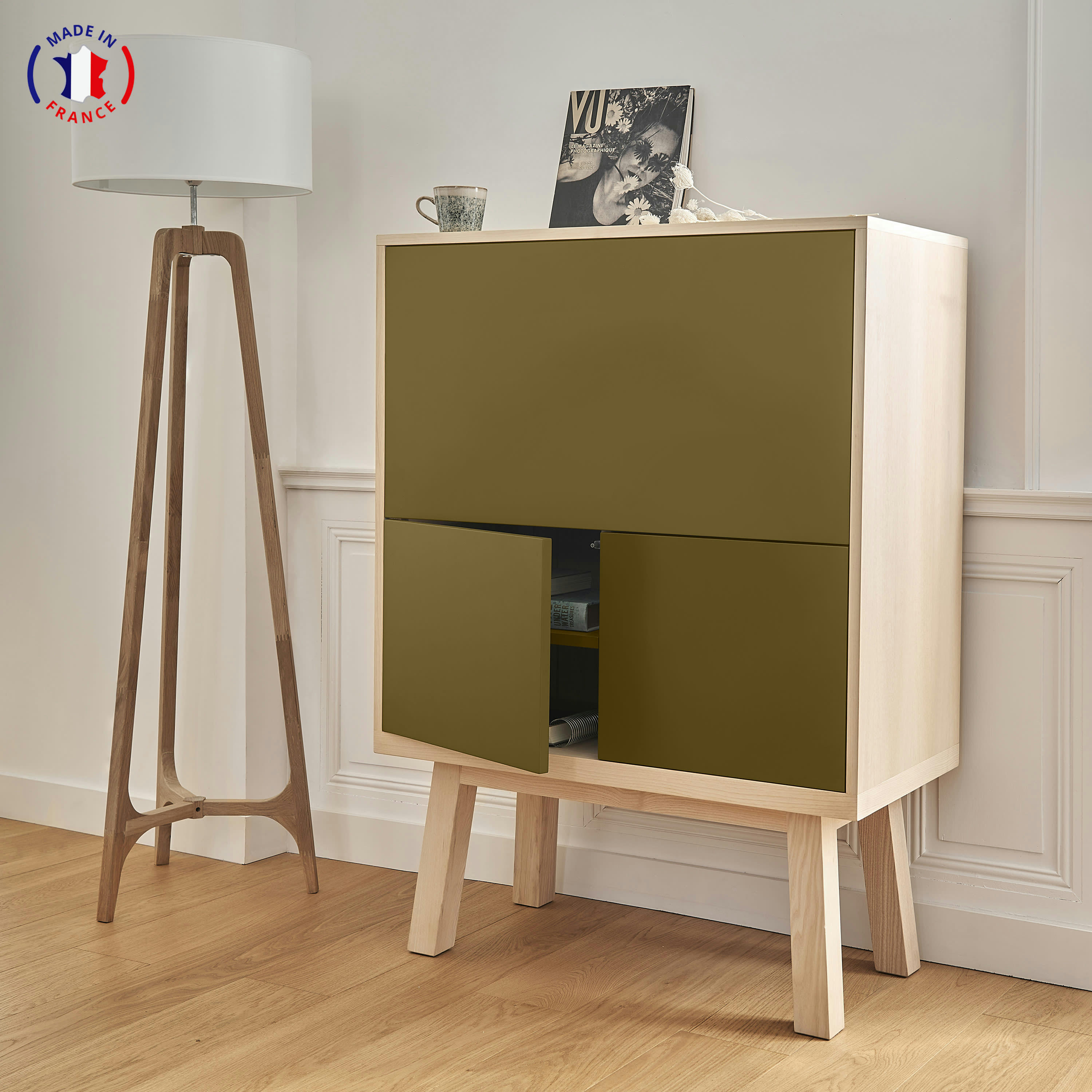KUBE - Bureau secrétaire avec rangement de 90 cm de large, en frêne