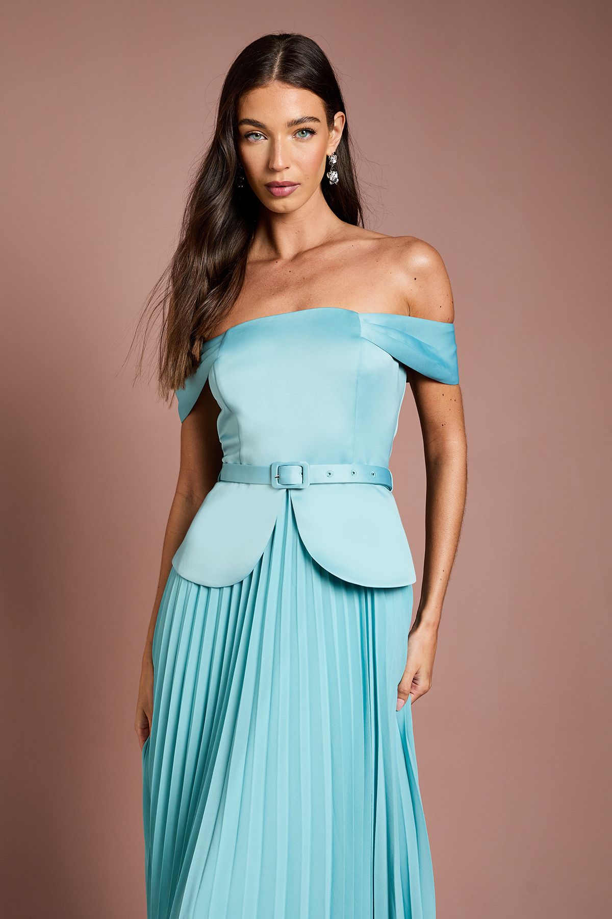 Coast Satin Bardot Top Pleat Skirt Midi Dress
