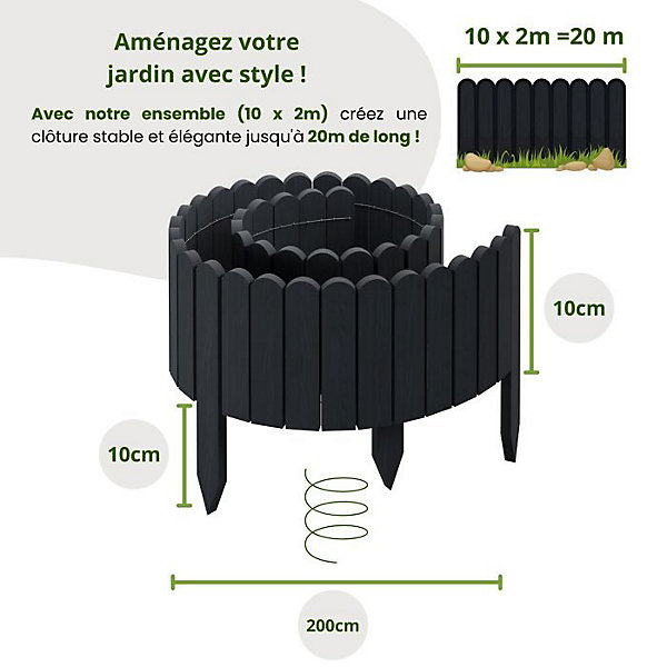 Clôture en bois flexible - Floranica - Bordure jardin - 20 m - Anthracite - Modulable et esthétique