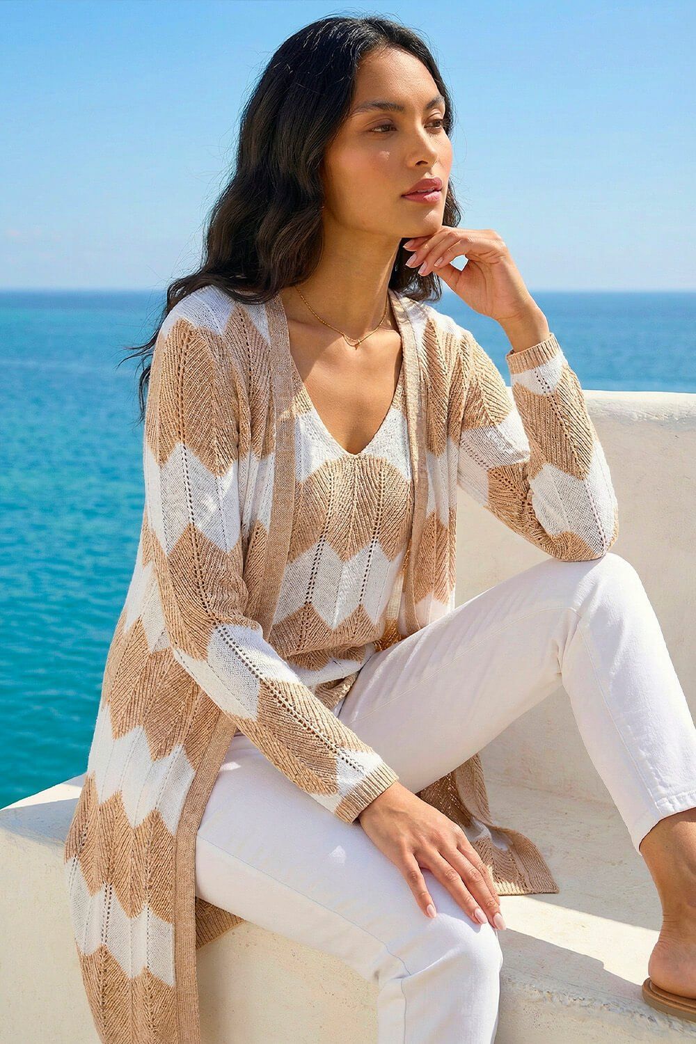 Roman Chevron Stripe Shimmer Longline Cardigan