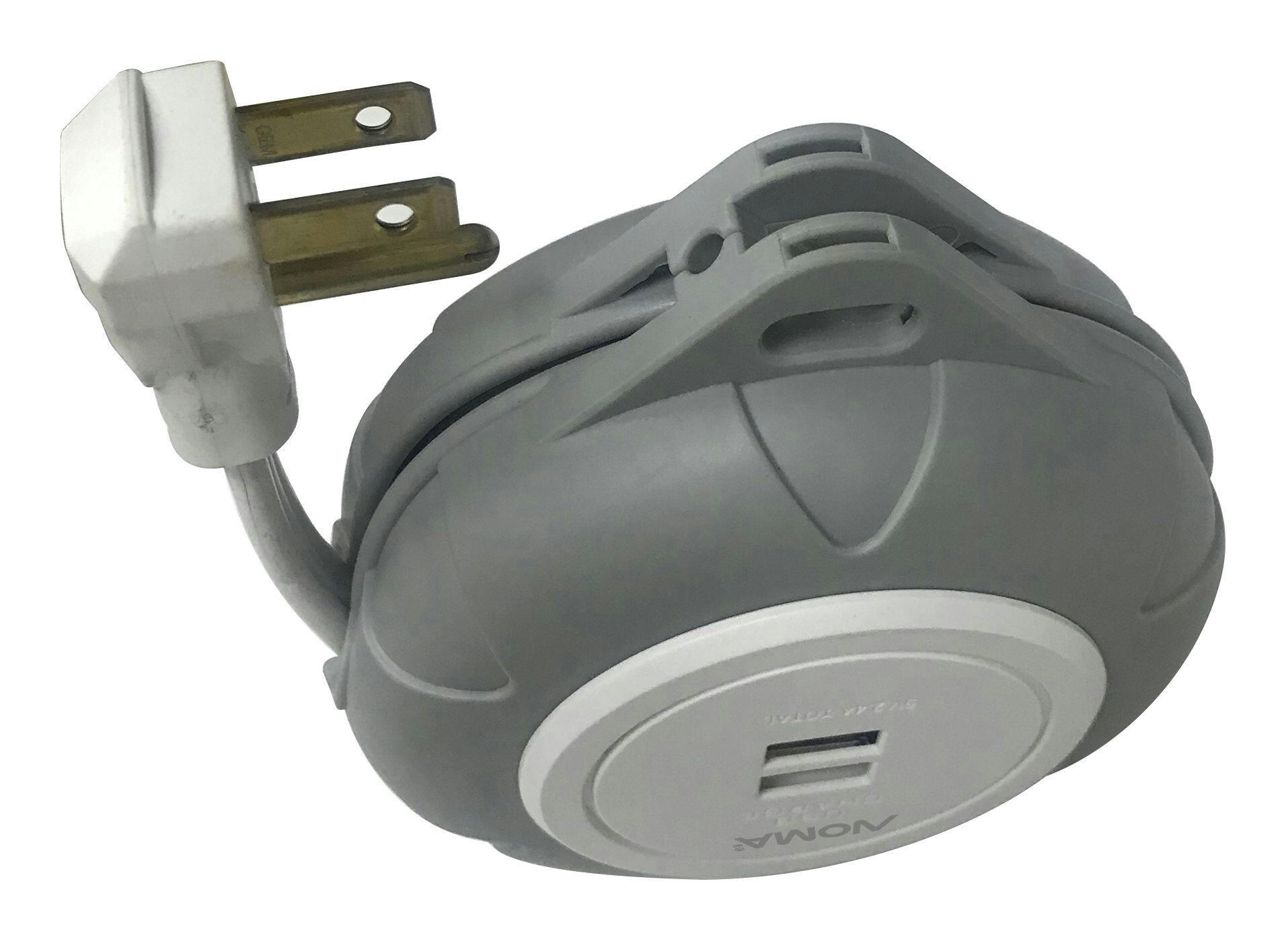 NOMA 1-Outlet and 2 USB Travel Extension Cord, 6-ft Retractable Plug, Grey