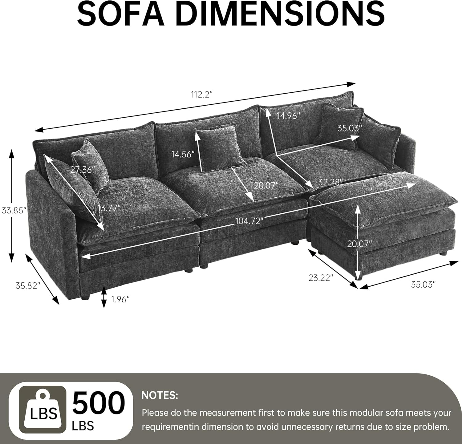 Modular Sectional Sofa 112.2 Inch L Shaped Couch Set with Armrests, 3-Seater Comfortable Cloud Couches with Movable Ottoman for Living Room Apartment, Grey
