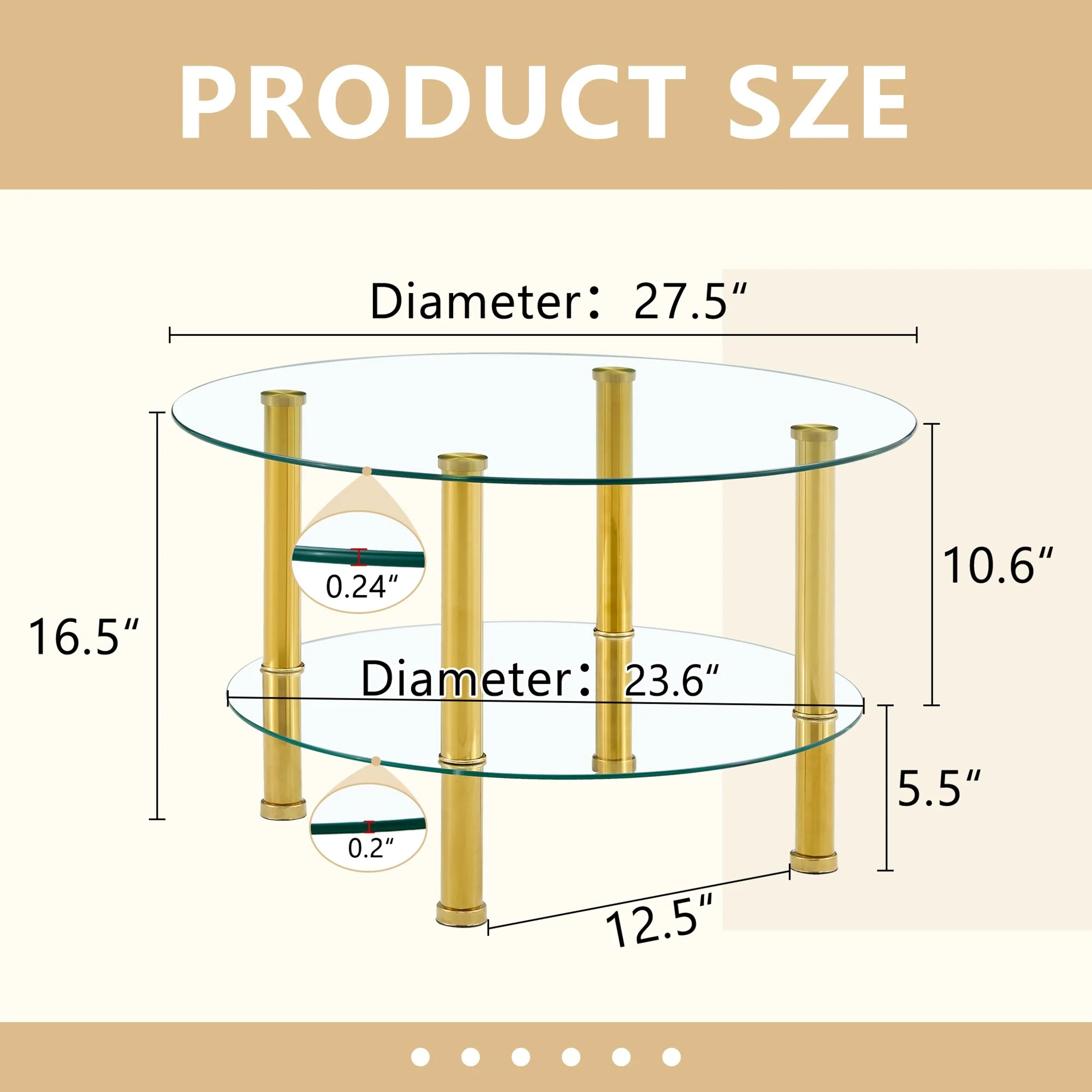 Contemporary Minimalist Double Layer Tempered Glass Coffee Table,Reinforced Glass Tabletop,Stainless Steel Plated Legs