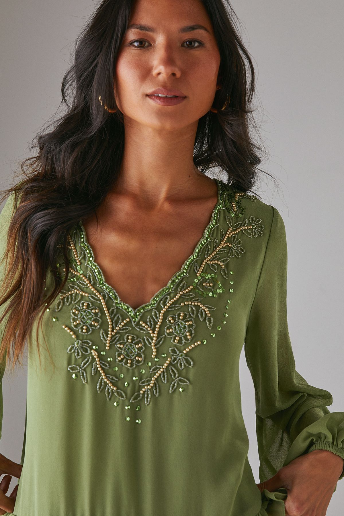 Warehouse Hand Embellished Chiffon Sequin Mini Smock Dress
