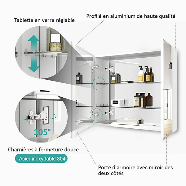 EMKE Armoire de toilette murale - Miroir double face, blanc mat - 75 x 65 cm - Fermeture douce - Tablettes en verre réglables