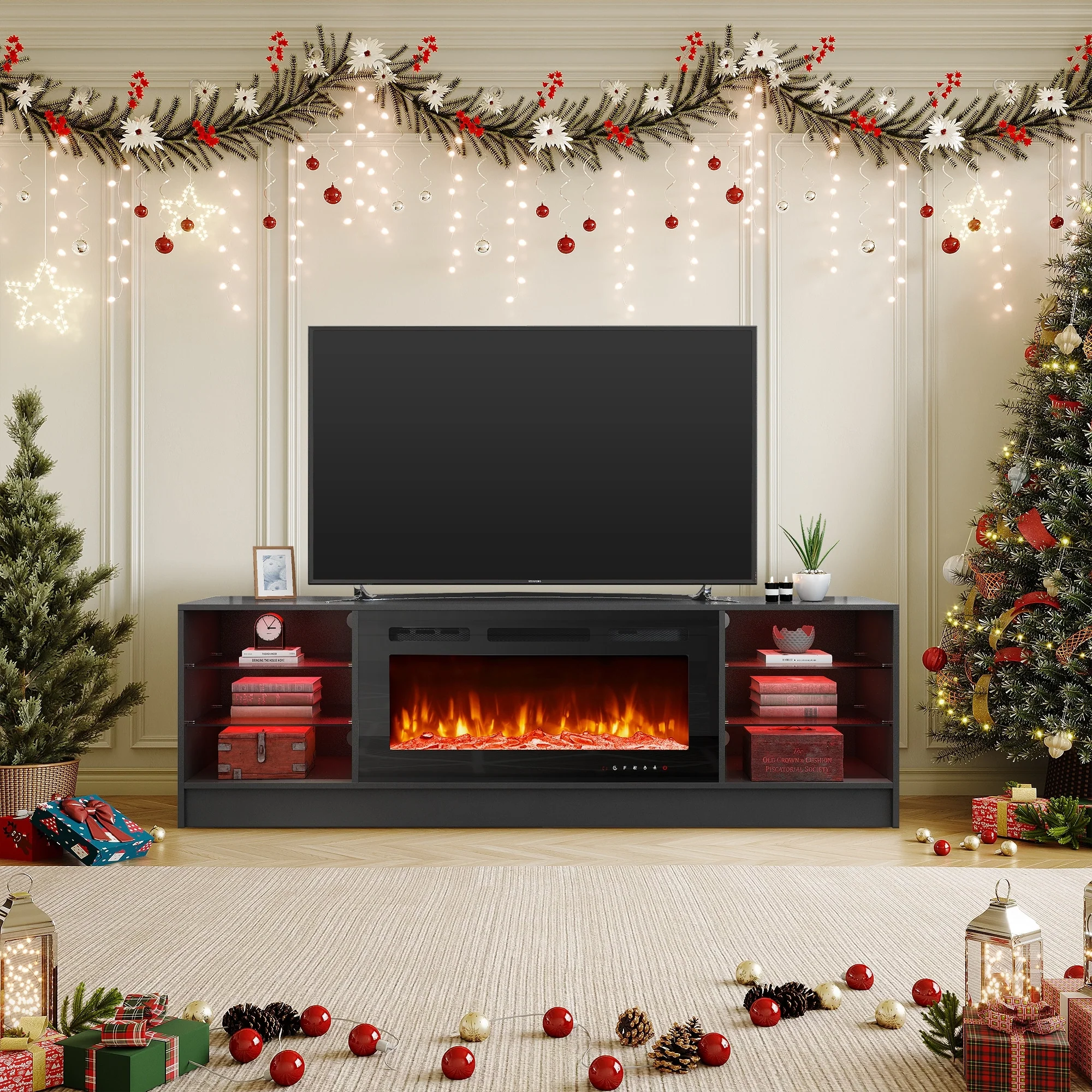 36'' Electric Fireplace TV Stand, Entertainment Center & TV Console for TVs up to 80'', Modern Fireplace Heater for Living Room
