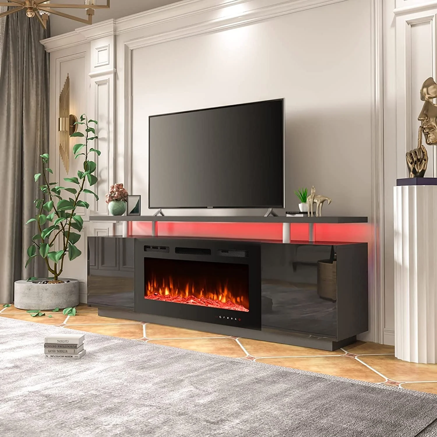 EROMMY 70'' Fireplace TV Stand with 36'' Electric Fireplace, TV Console for TVs up to 80'' for Living Room, Black - 36