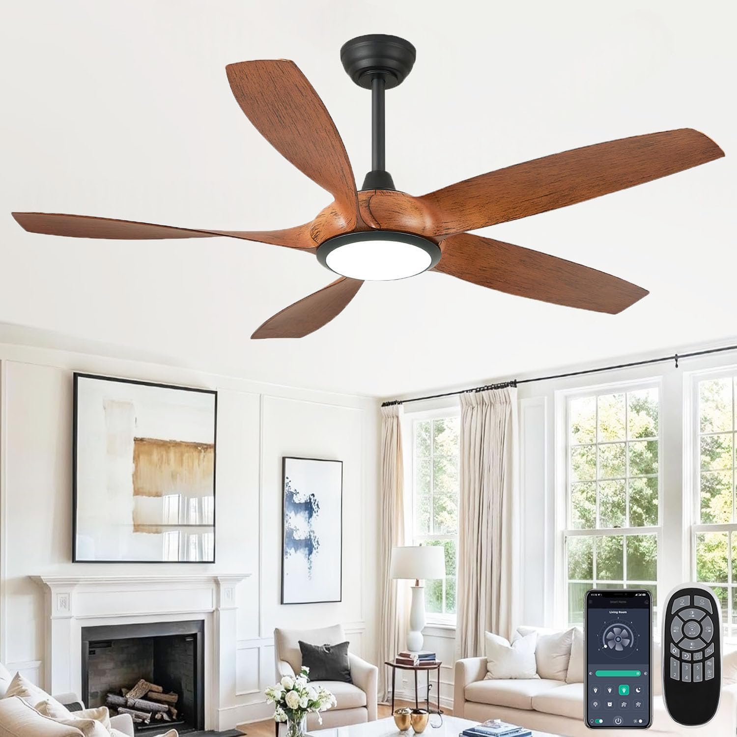 54'' Ceiling Fans with Lights, Modern Ceiling Fan with Remote Control, Outdoor Ceiling Fan for Living Room, Bedroom, 5 ABS Blades, 6 Wind Speeds, LED Dimmable (Brown & Black)
