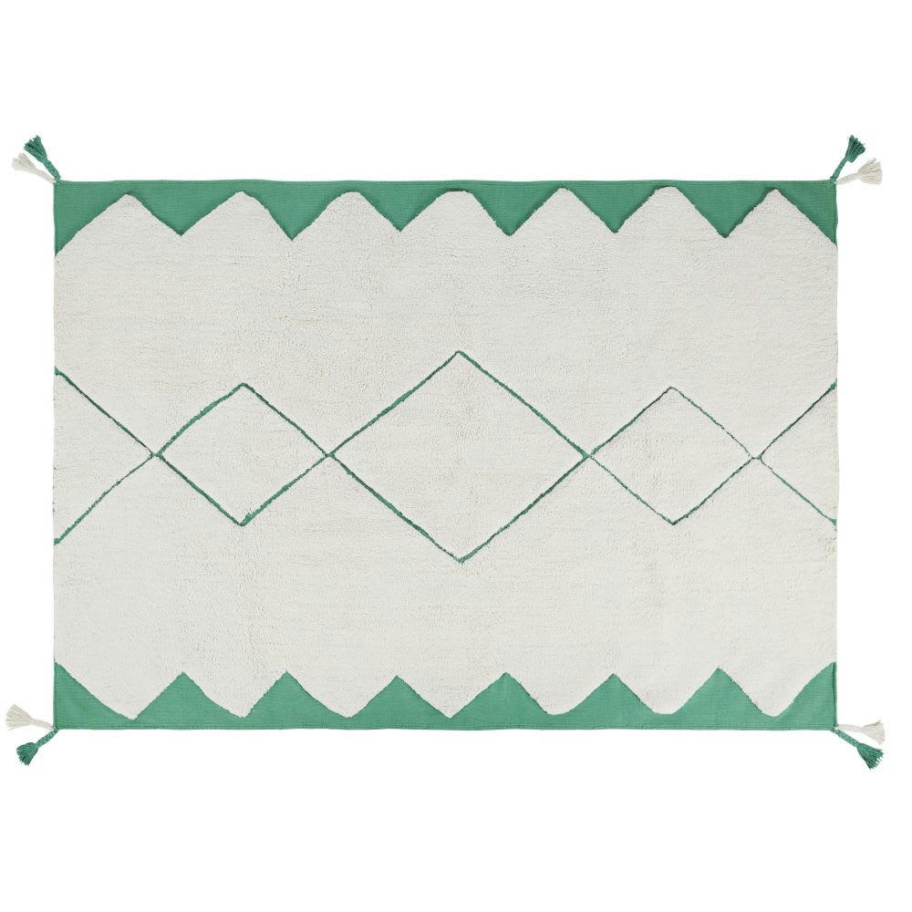 - Tapis tissé ecru motifs losanges vert tufté 120x180