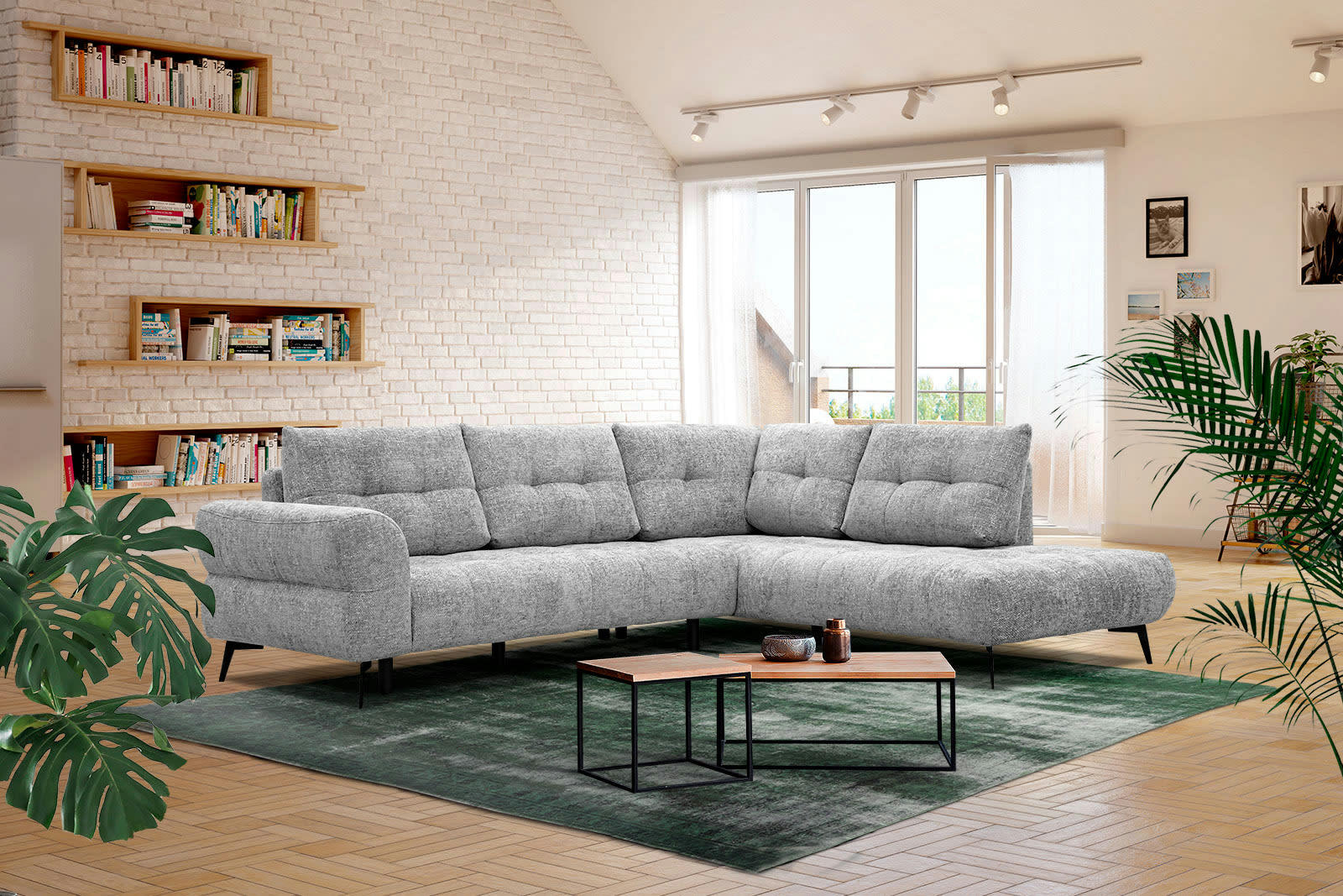 SALVINI - Canapé d'angle droit 5 places tissu gris