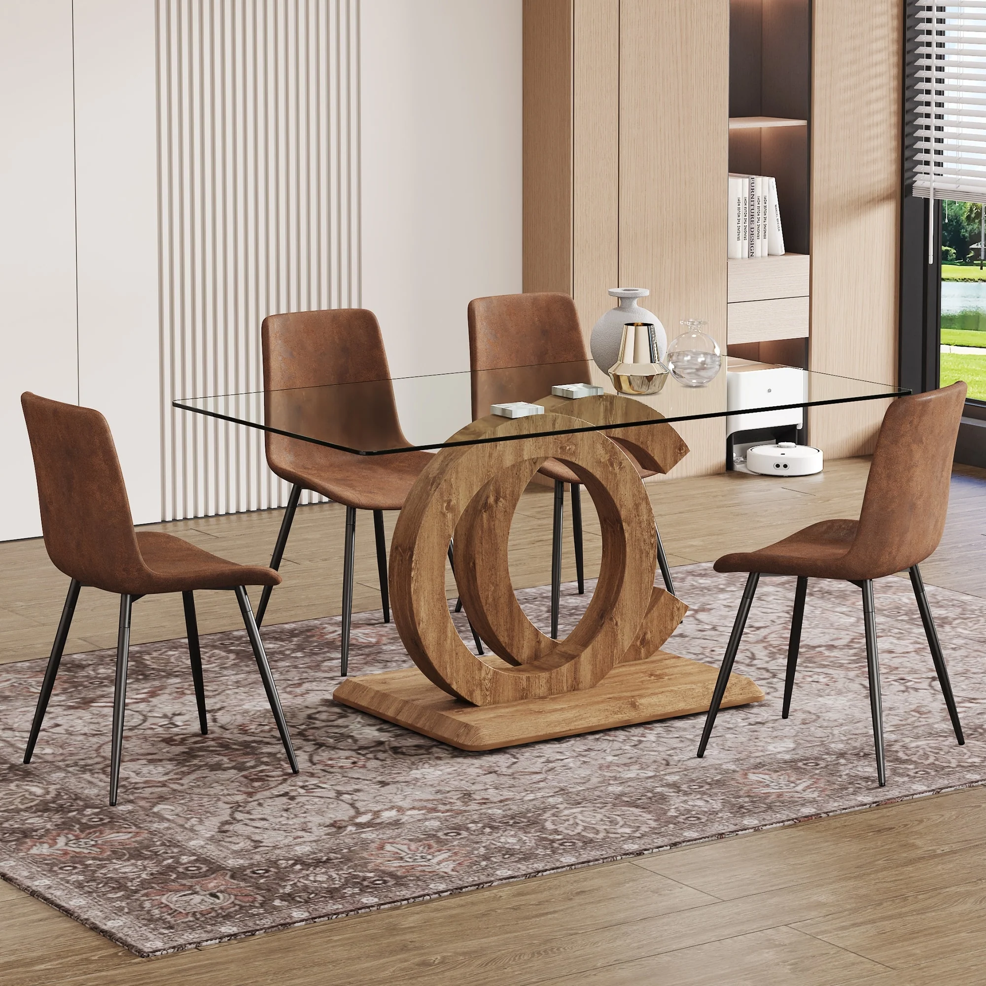 Transprant Tempered Glass Dining Table Set with Wood Grain OC-Shaped Base and Technology Fabric Upholstered Chairs