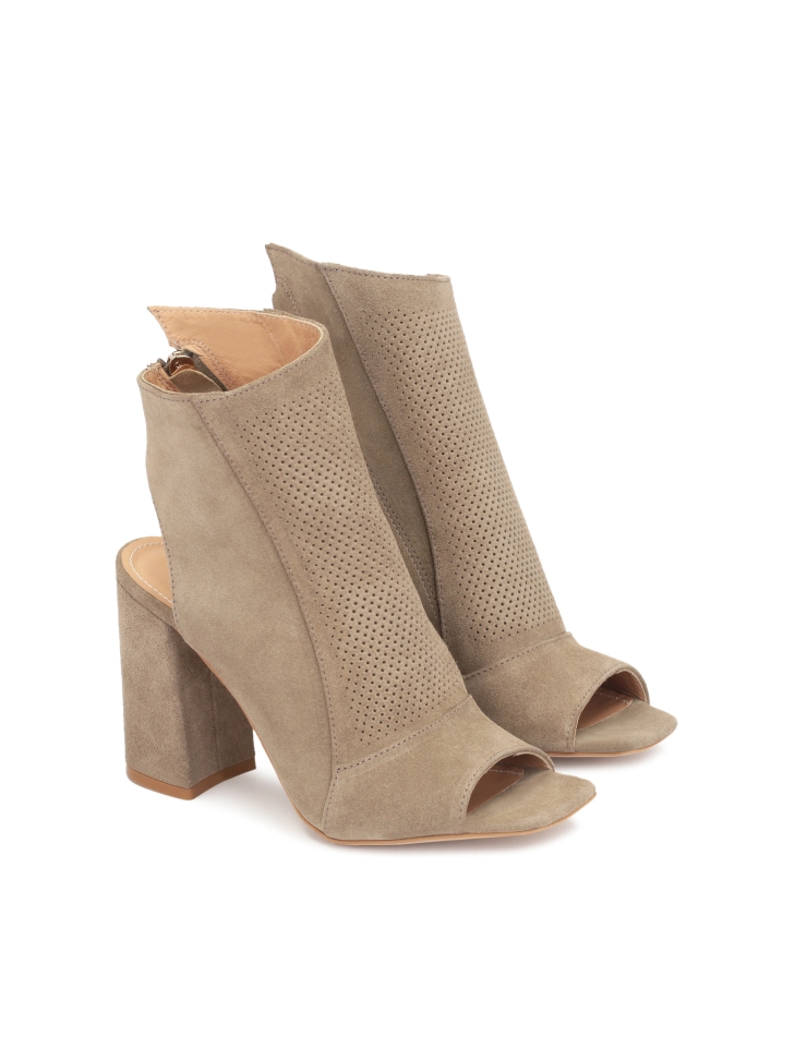 Suede peep toe booties with an open toe and heel