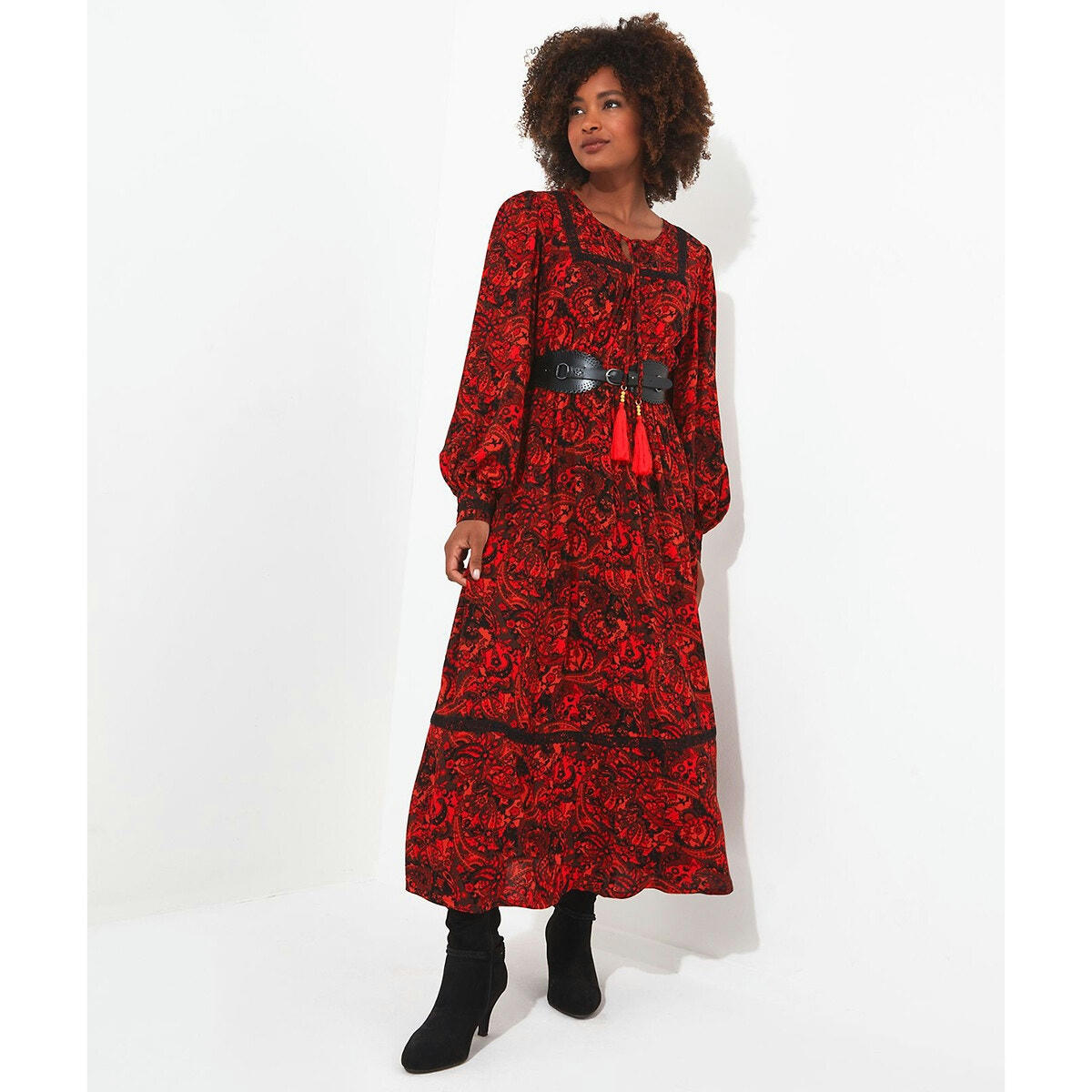 Robe longue col rond imprimée