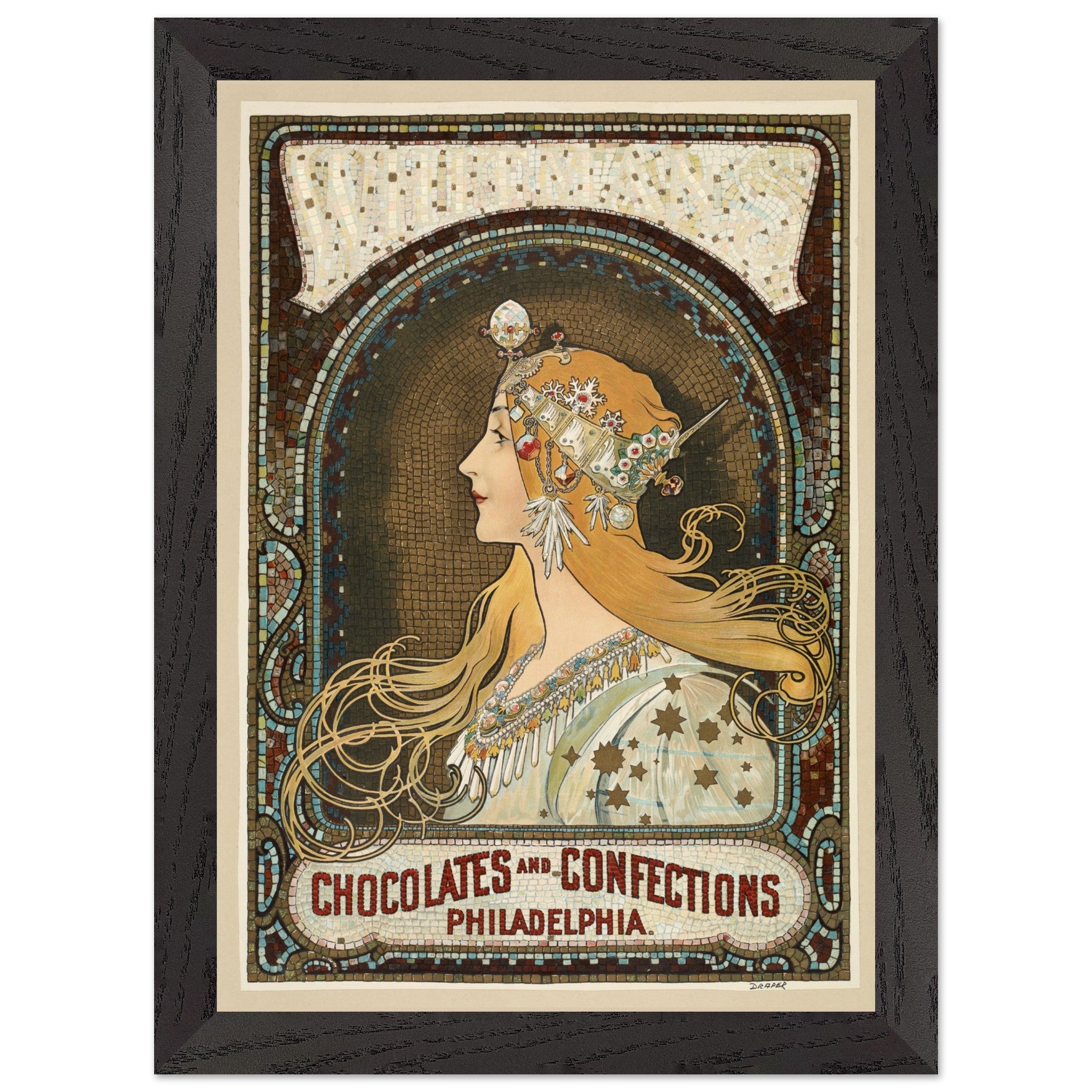 Artfulprints Poster met Lijst Alphonse Mucha - Chocolates and confections Philadelphia  - A4 21x29.7 cm - Bruin