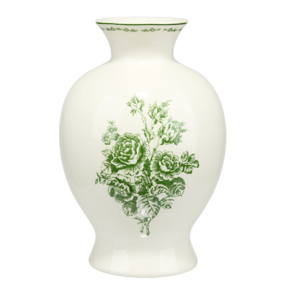 Vase rond dolomite imprimé toile de Jouy Ø13XH23 cm vert fond blanc