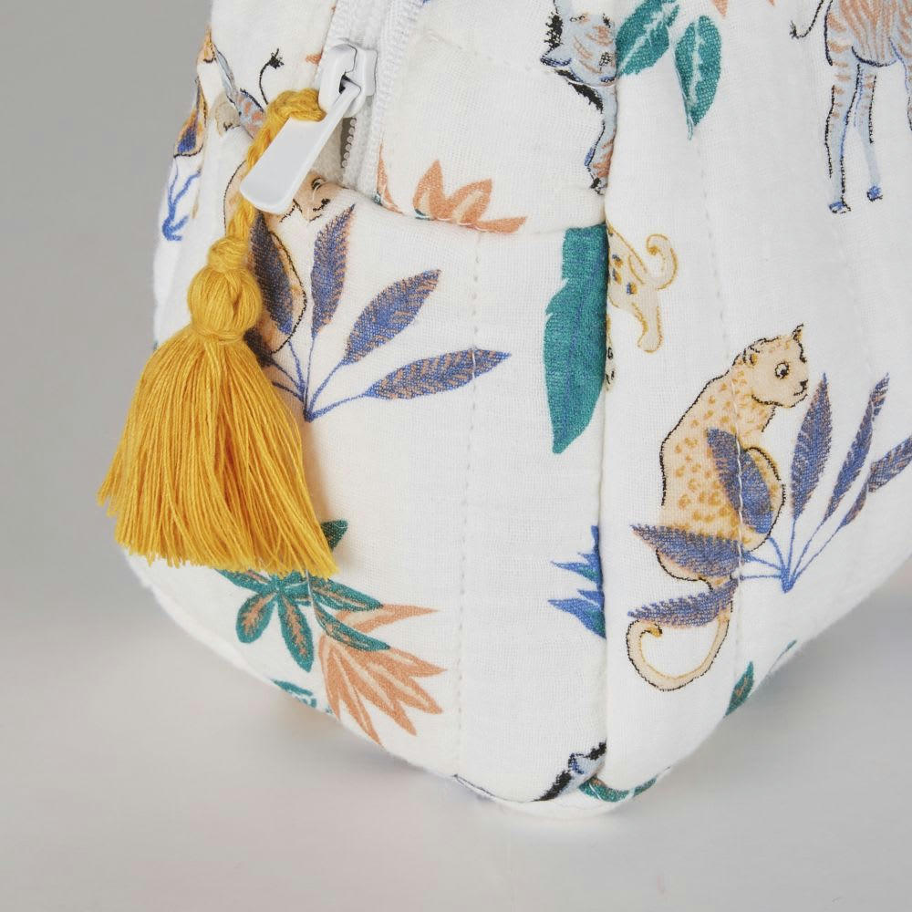 MADRID - Trousse de toilette bébé blanche en coton biologique imprimé animalier multicolore