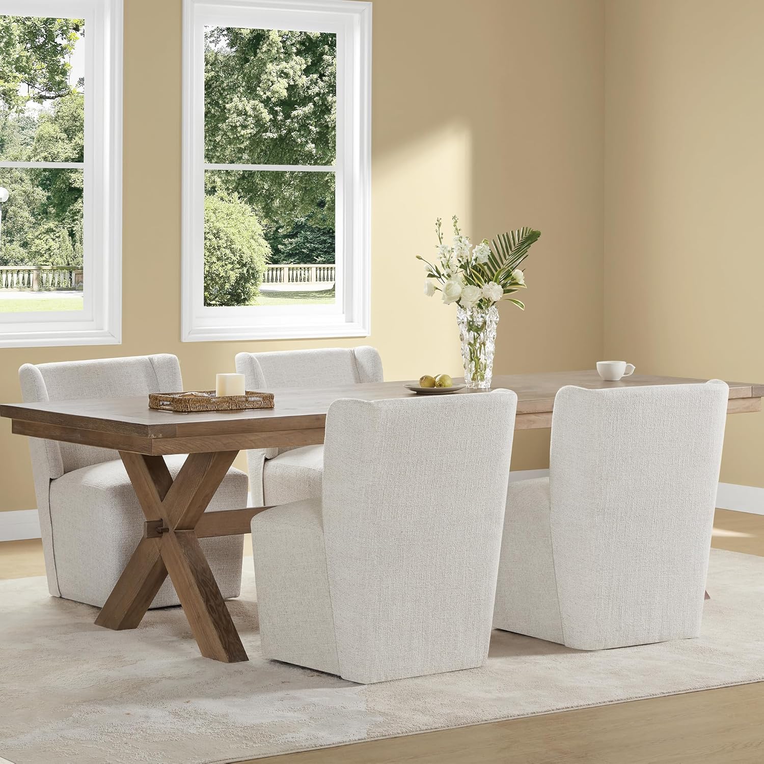 KISLOT Upholstered Dining Chairs Set of 4 with Casters, Wingback Modern Side Armless Deskchair with Rollers for Diningroom Bedroom Livingroom Reading Room, Linen Fabric