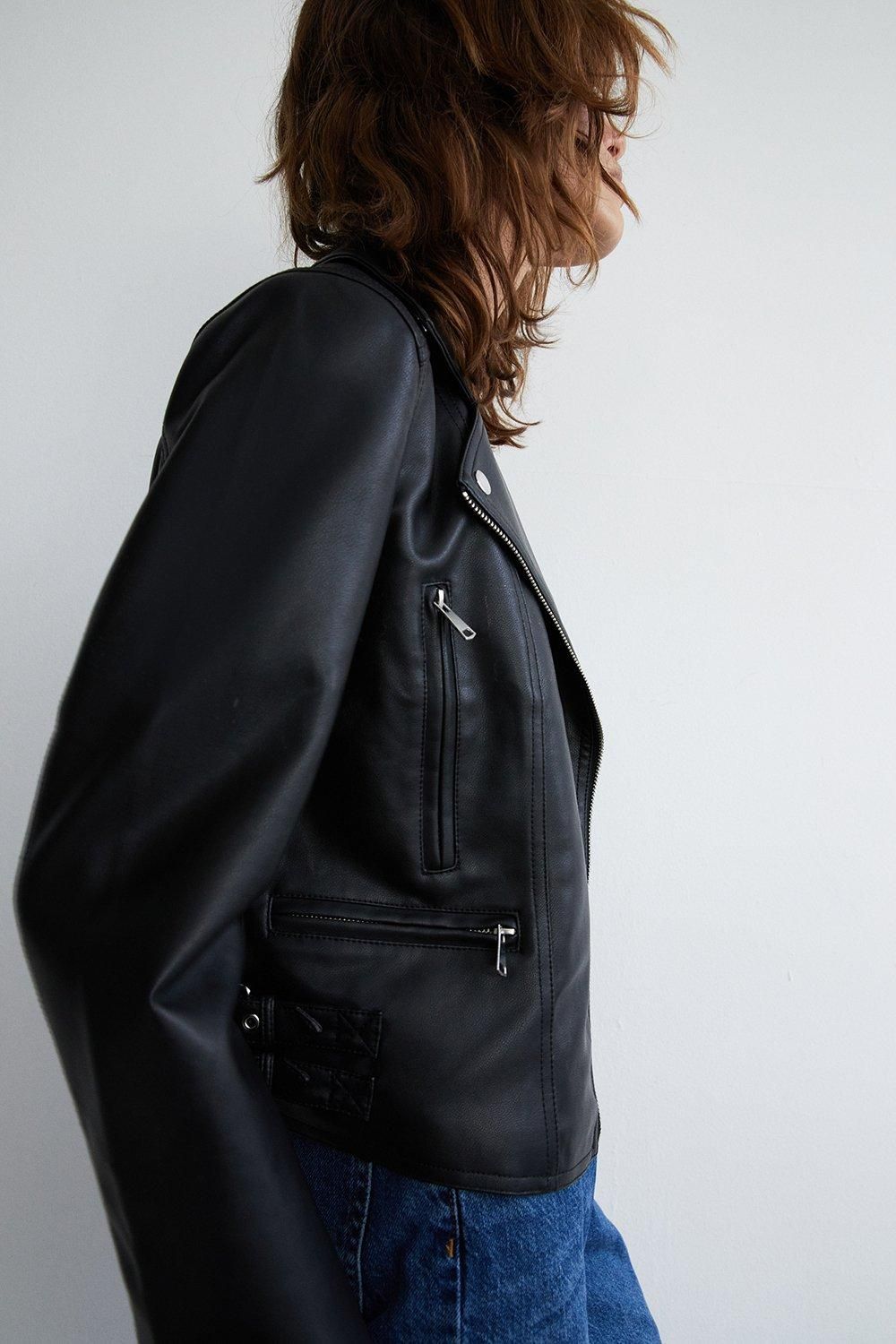 Warehouse Faux Leather Buckle Detail Biker Jacket