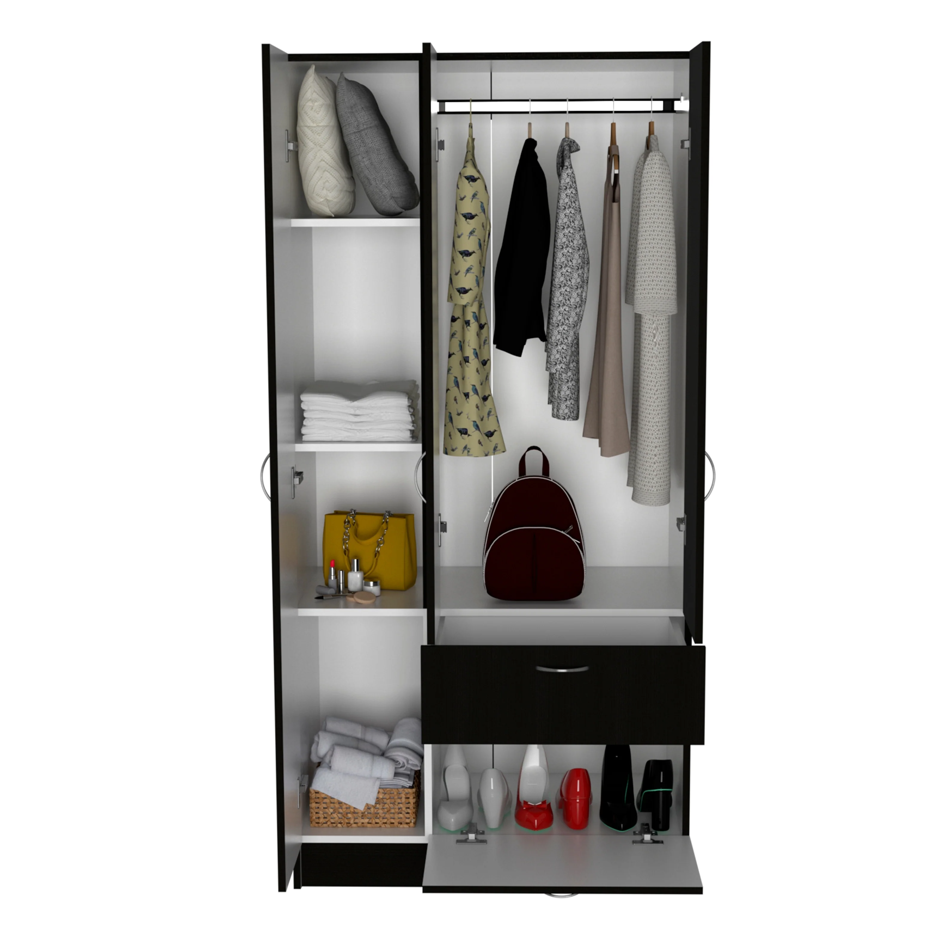 18.5 Modern Three-door Armoire with Spacious Drawer and Hanging Rod for Bedroom