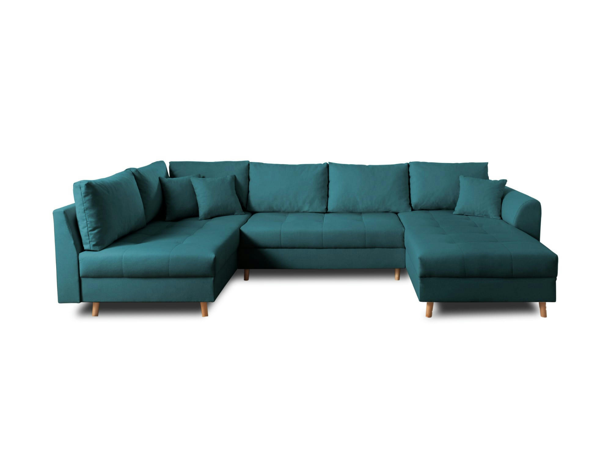 RUNE - Canapé panoramique 7 places angle gauche en tissu bleu canard