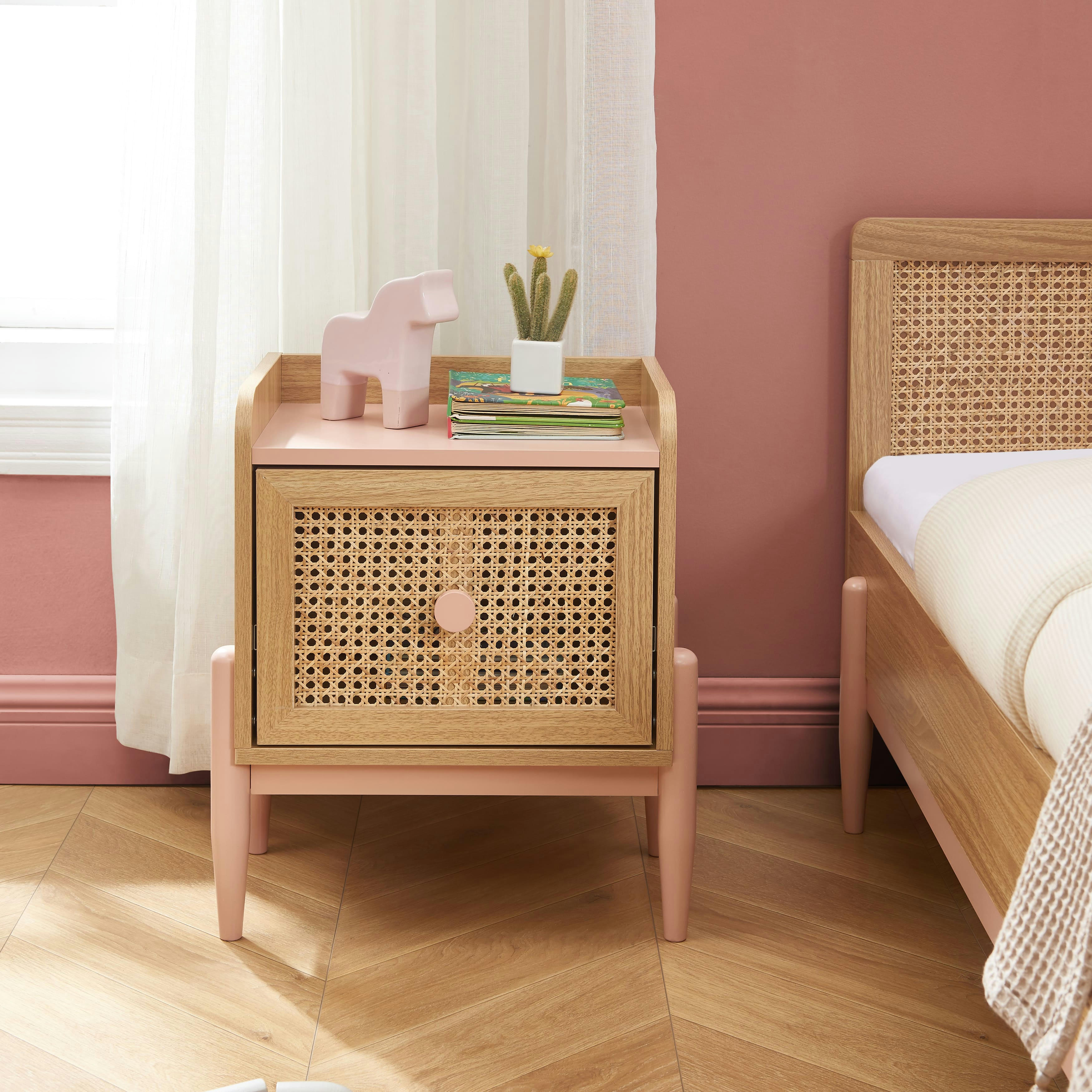 PABLO - Table de chevet enfant  rose et cannage rotin 1 tiroir