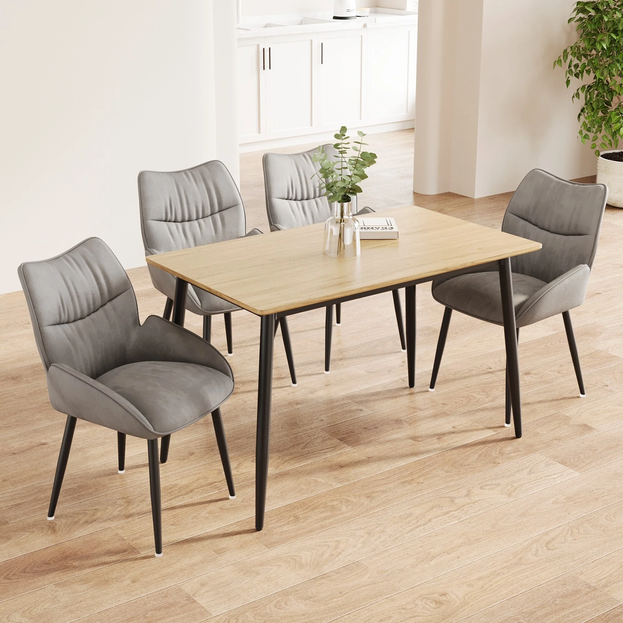 5-Piece Dining Table Set with Soft Velvet Chairs & Wood Grain Tabletop, Kitchen Dining Table, Easy to Clean